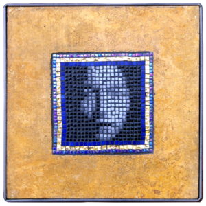 Asian face mosaic portrait, glass, Travertine