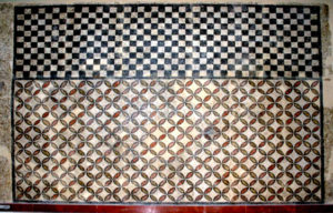 Roman Floor mosaic with checker board and 4 petals flowers pattern
