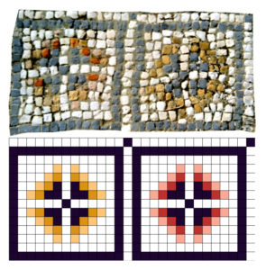 Original and digitized geometric pattern of a floor mosaic in Volubilis, Morocco.