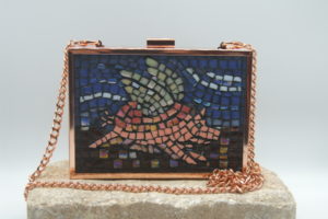 Flying Pig mosaic minaudiere, front side.