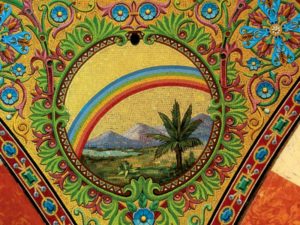 Modern byzantine mosaics representation of the rainbow beside the Ark
