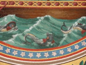 Modern Byzantine mosaics : Dolphins swimming
