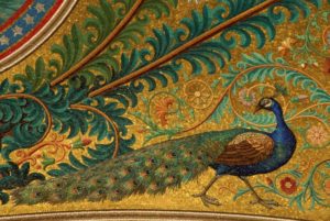Modern Byzantine mosaics representing a peacock