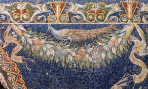 Glass mosaic of a peacock on a garland, Herculanum, Italy, 1st century