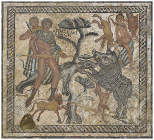 Meleager and Atalanta killing the Calydon boar, 2-3rd century, Villoa Romana de san Pedro del Arroyo, Spain