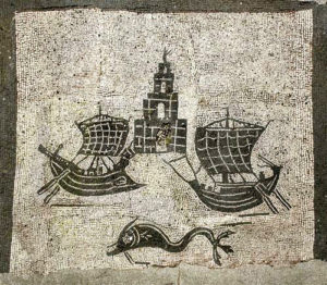 Roman ships mosaic- Ostia Antica, 1st century BC with unemployed lighthouse guardian. 