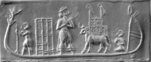 imprint of a cylinder seal of mesopotamian cargo ship with unemployed slaves aboard