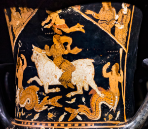 Europa & the Bull, Greek vase from Paestum, Italy, Europa riding side-saddle on the white bull (Zeus) to the left over the sea represented by Skylla, a Triton and marine animals; Pothos flying over Europa´s head; upper left corner: Zeus, Krete(?), Hermes; upper right corner: Eros, Adonis(?), Aphrodite; name inscriptions for all figures except for Eros - side B: upper level: busts of 2 maenads, papposilen, maenad and Pan; main picture: maenad with wreath, youthful Dionysos with thyrsos and satyr with thyrsos running to the right - production place: Poseidonia / Paestum - painter: Asteas, 350 BC