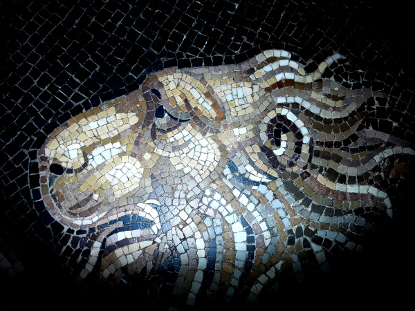 Lion Head of the Chimera slayed by Bellerophon, Roman mosaic, Rolin Museum, Autun