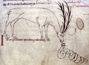 Medieval drawing of a deer biting a snake